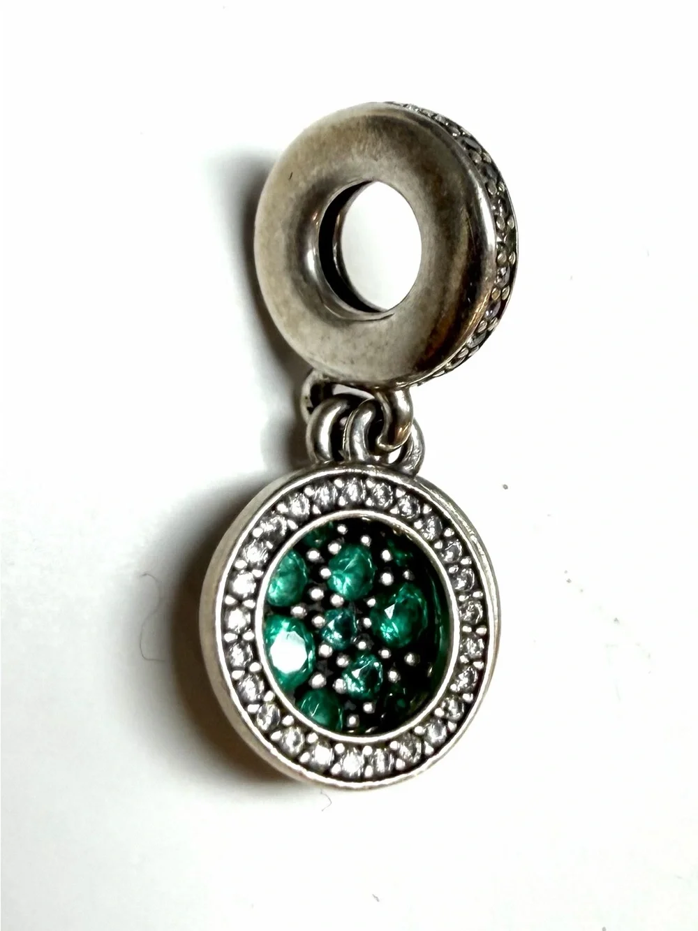 Pandora Sterling Silver Sparkling Green Disc Double Dangle Charm #799186C02